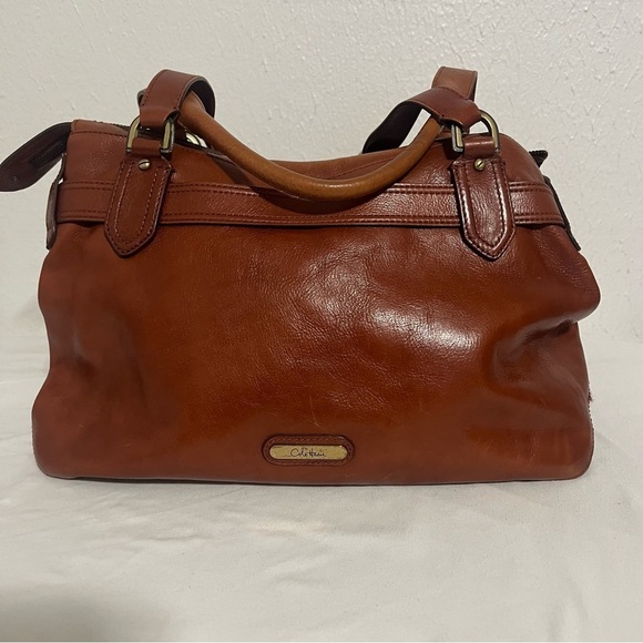 Cole Haan Cognac Leather Saddle Tote Hand Bag EUC Lots Pockets Business Casual - Picture 1 of 11